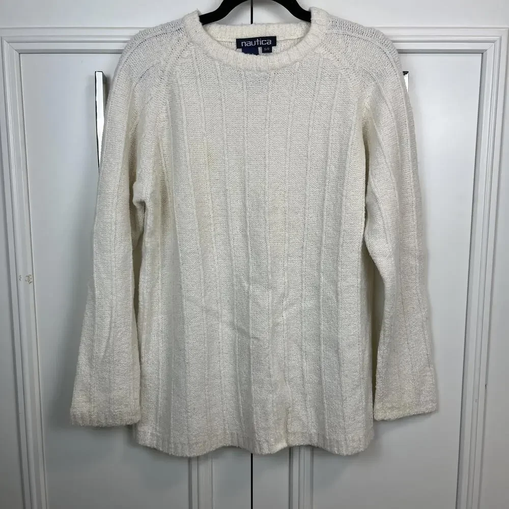 Nautical fisherman ribbed knit cream oversize sweater S